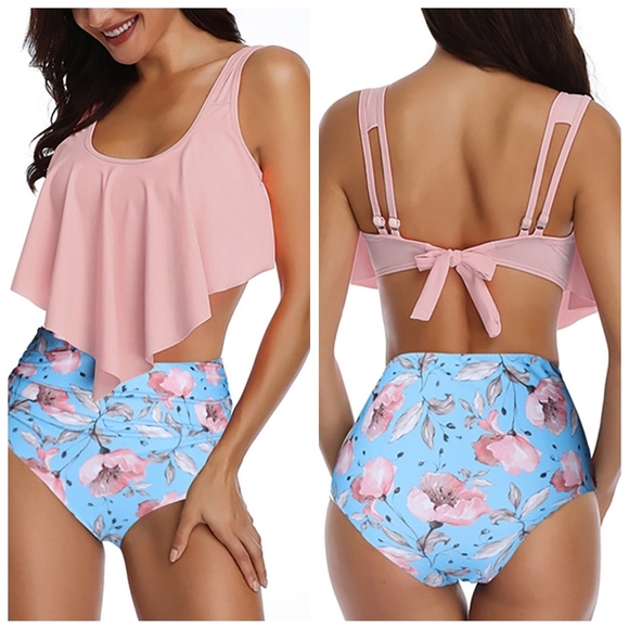 3-PC Bikini Set Size S/M Grey matching bandeau/low rise bottoms & floral bottoms - Picture 3 of 10